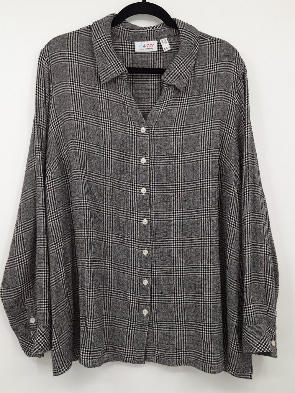 Denim & Co. Roll Sleeve Button Front Check Woven Shirt In Black Size 2X